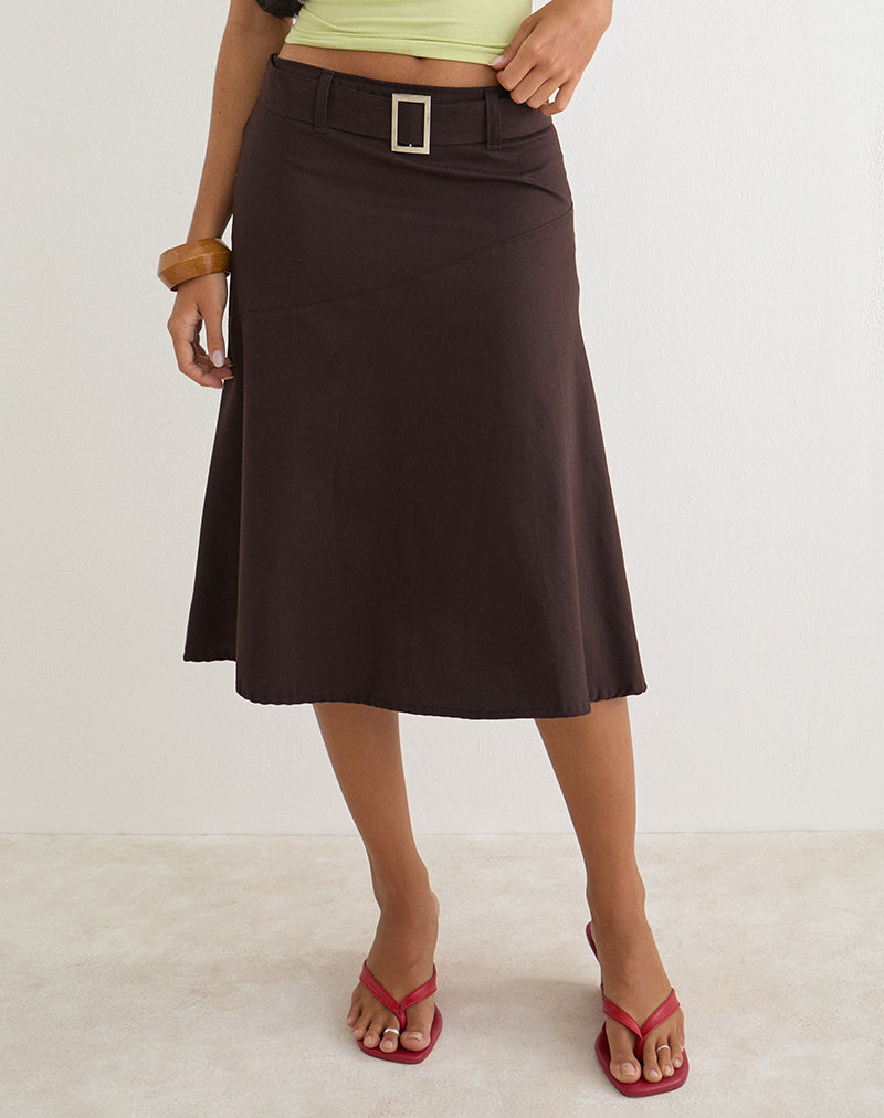 Image of Cabot Midi Skirt with Belt in Cotton Twill Bitter Chocolate