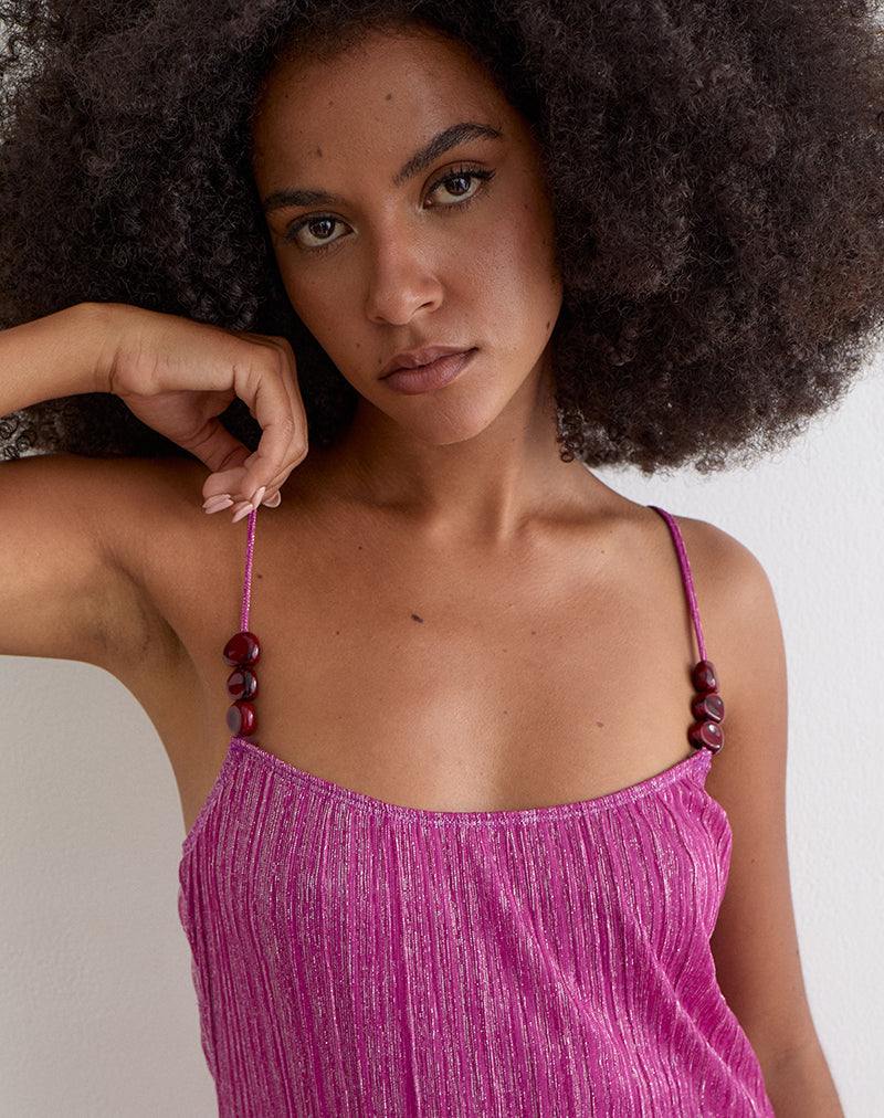 Image of Cerita Mini Dress with Beads in Shimmer Plisse Hot Pink