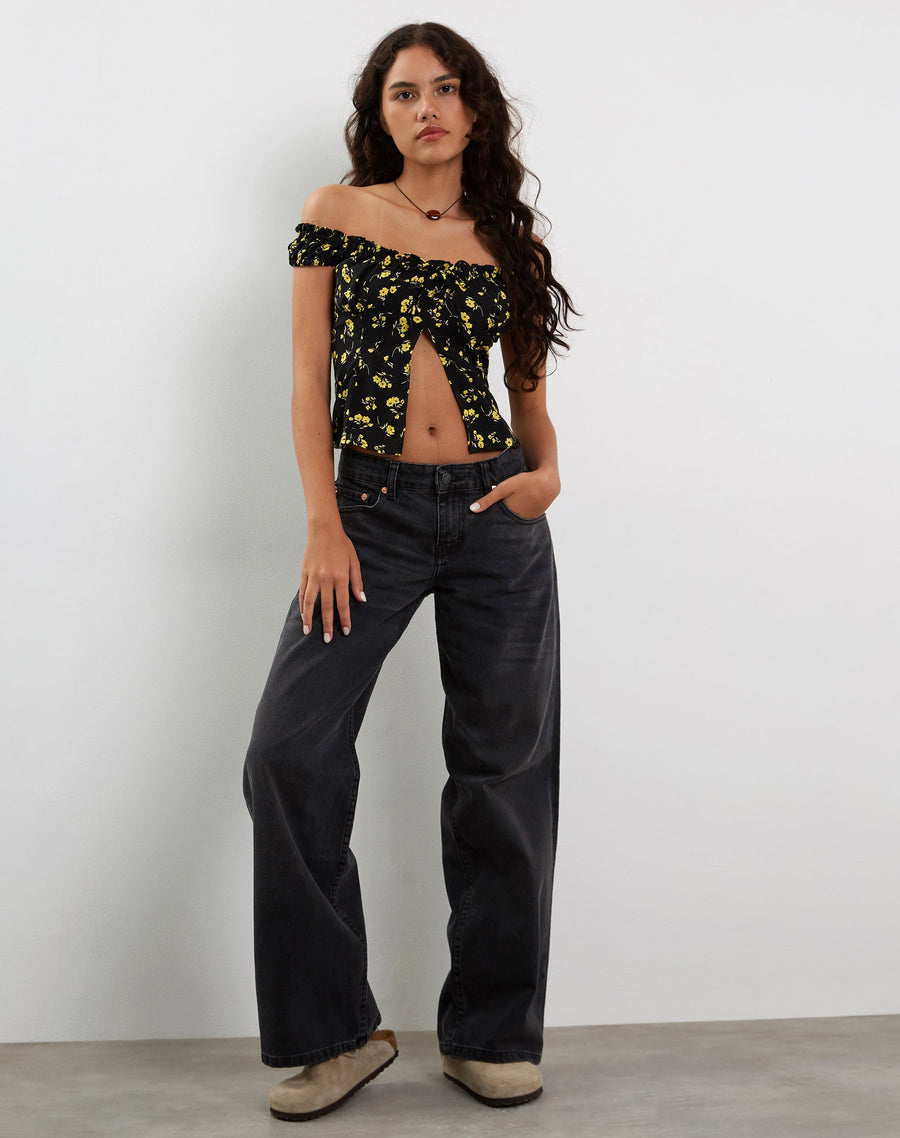 Image of Citra Bardot Frill Top in Buttercup Black Yellow