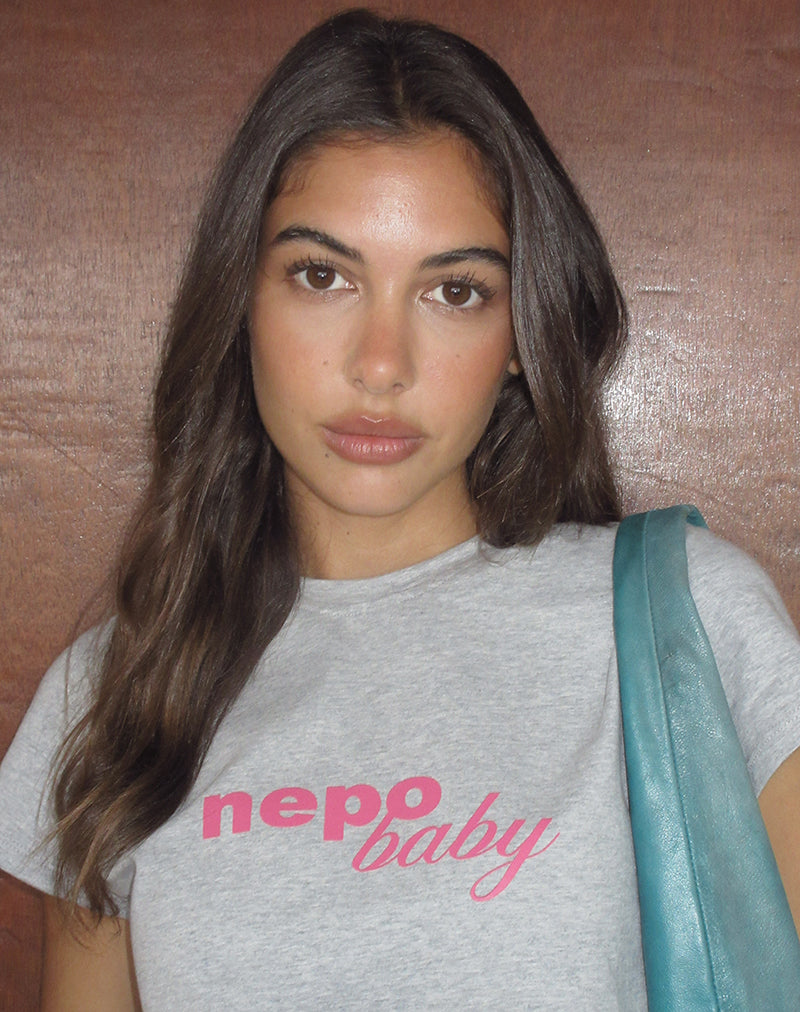 Image of Clio Baggy Tee in Grey Marl with Nepo Baby Graphic