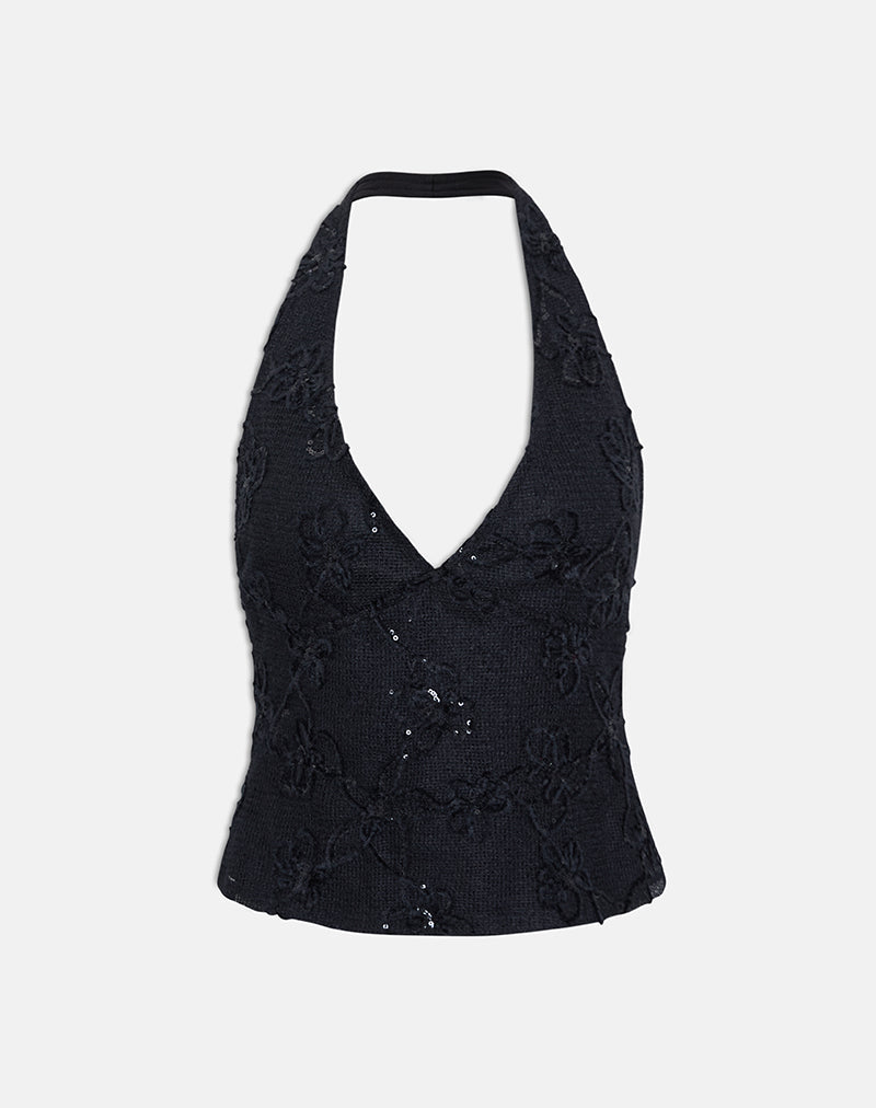 Image of Cosio Halter Top in Sequin Knit Black