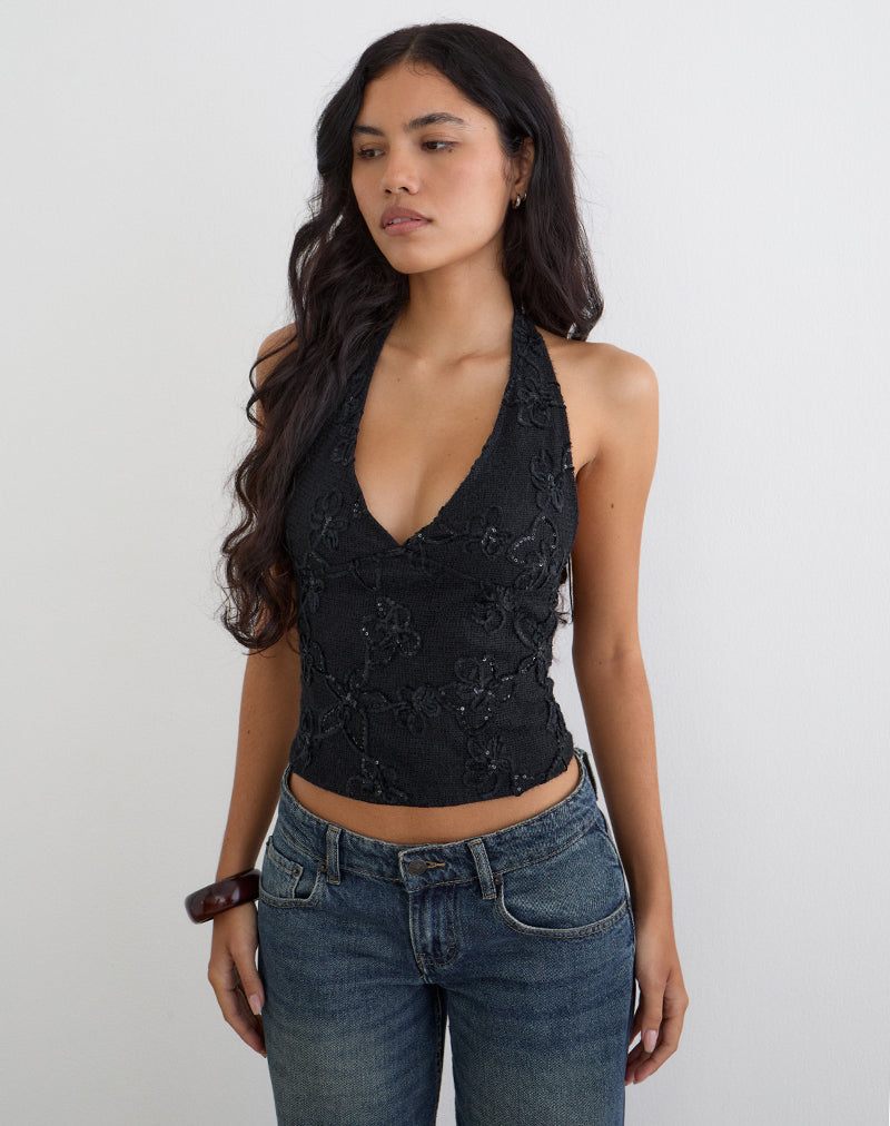 Image of Cosio Halter Top in Sequin Knit Black