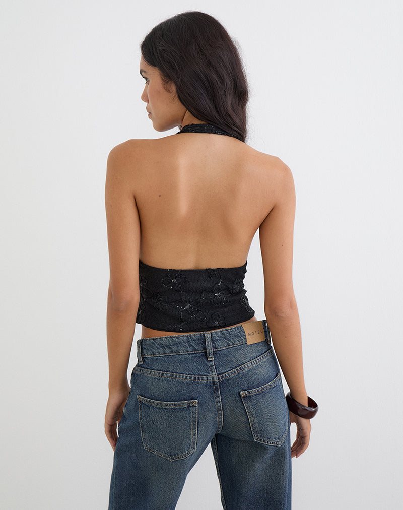 Image of Cosio Halter Top in Sequin Knit Black