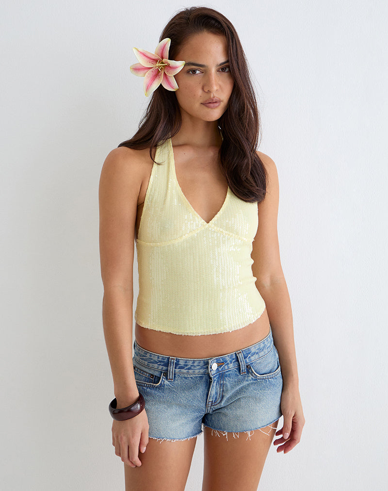 Image of Cosio Halter Top in Clear Sequin Yellow