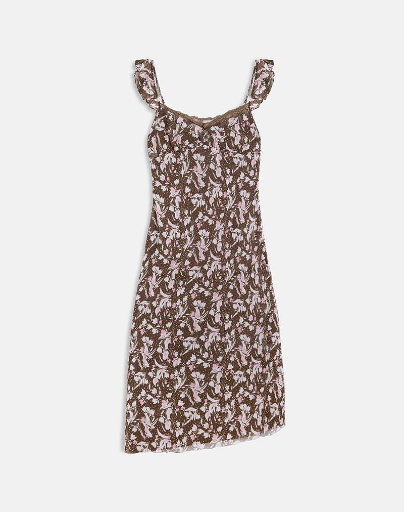Image of Daita Midi Dress in Chiffon Polka Flower Brown