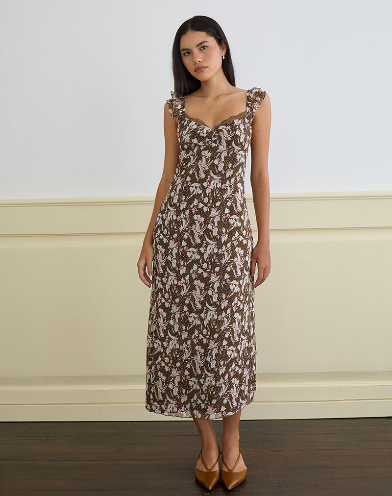 Image of Daita Midi Dress in Chiffon Polka Flower Brown