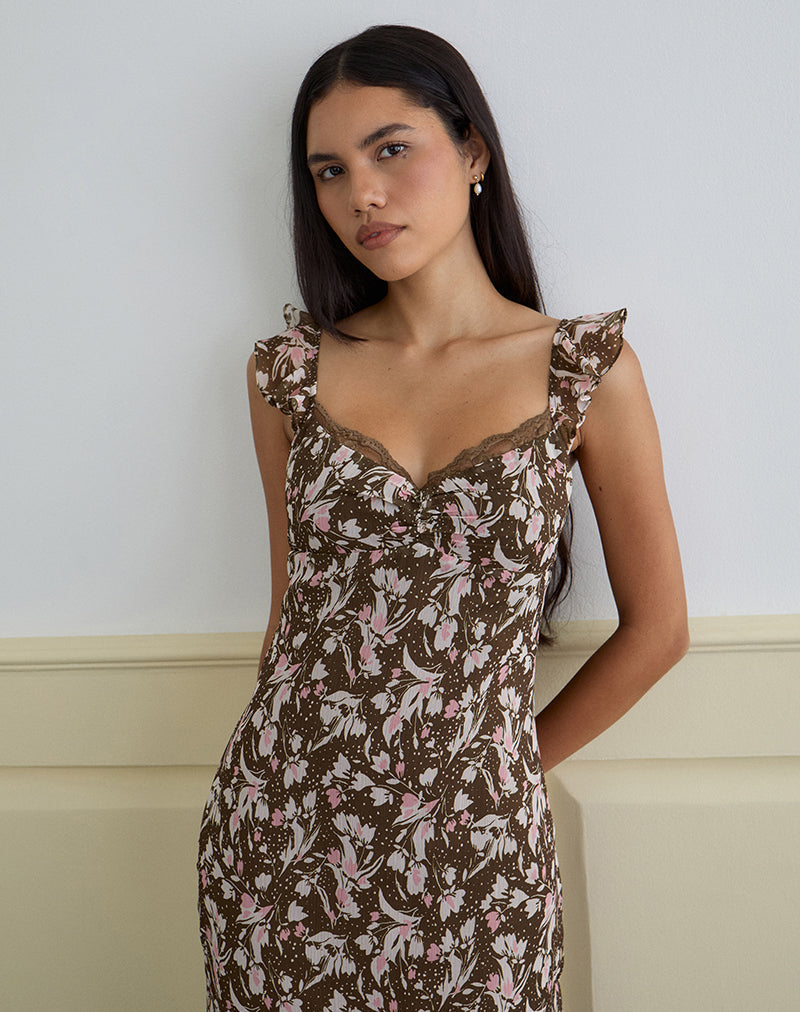 Image of Daita Midi Dress in Chiffon Polka Flower Brown