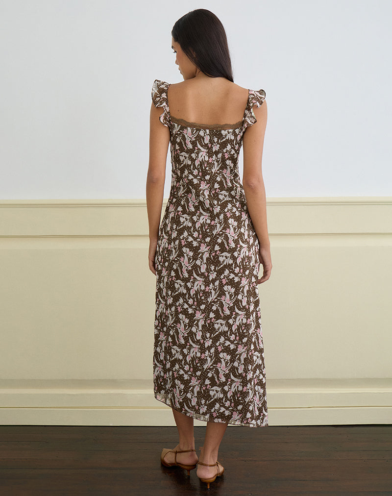 Image of Daita Midi Dress in Chiffon Polka Flower Brown
