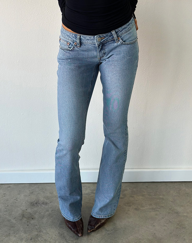 Image of Ultra Low Rise Stretch Flare Jeans in Mid Blue