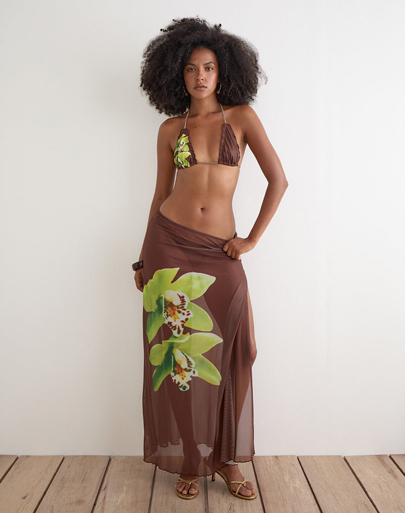 Image of Pumyla Bikini Top in Brown with Green Dendrobium Flower
