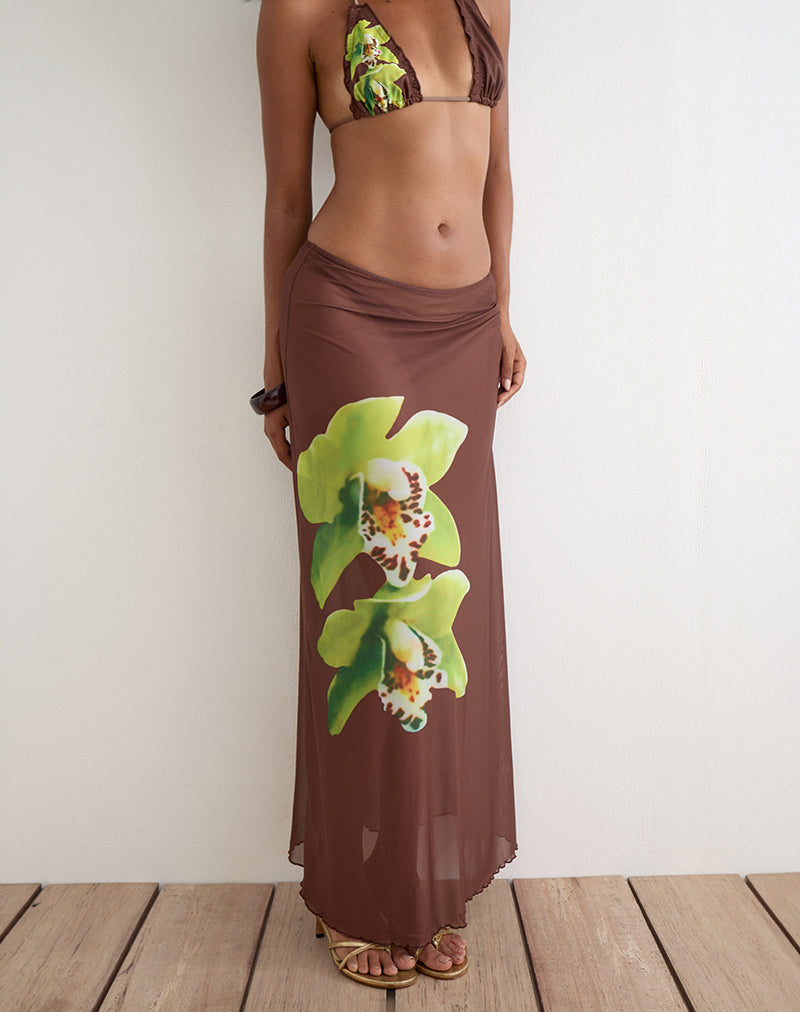 Image of Dartina Maxi Slip Skirt in Brown with Green Dendrobium Flower