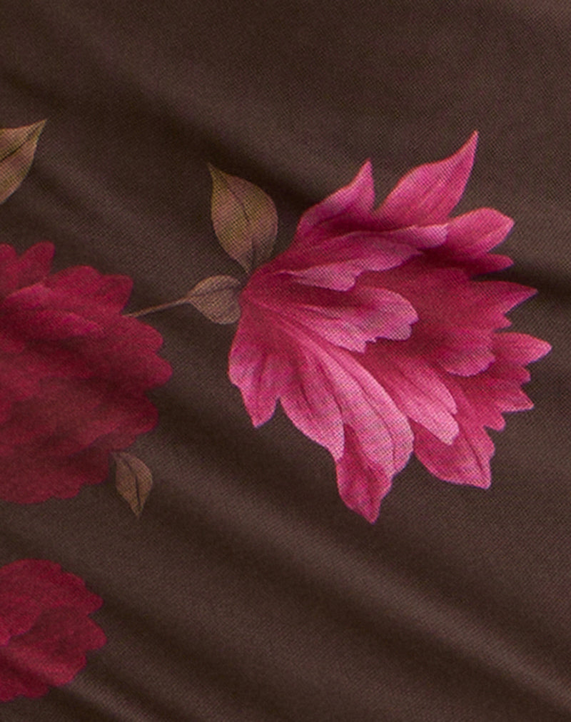 Image of Davia Mini Skirt in Brown with Pink Flower Print