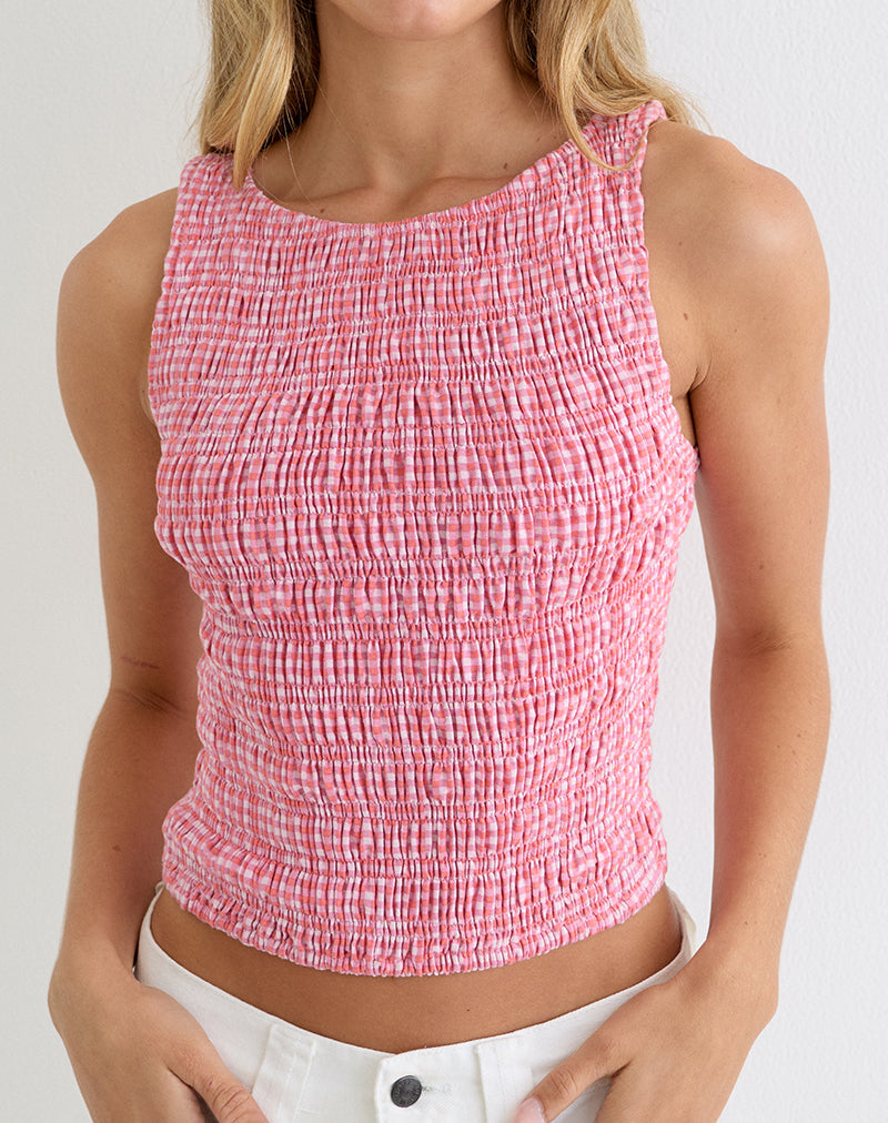 Image of Deacon Shirred Top in Mini Gingham Peach