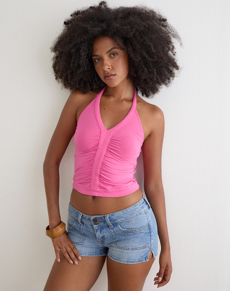 Image of Delyn Ruched Plunge Top in Deep Pink