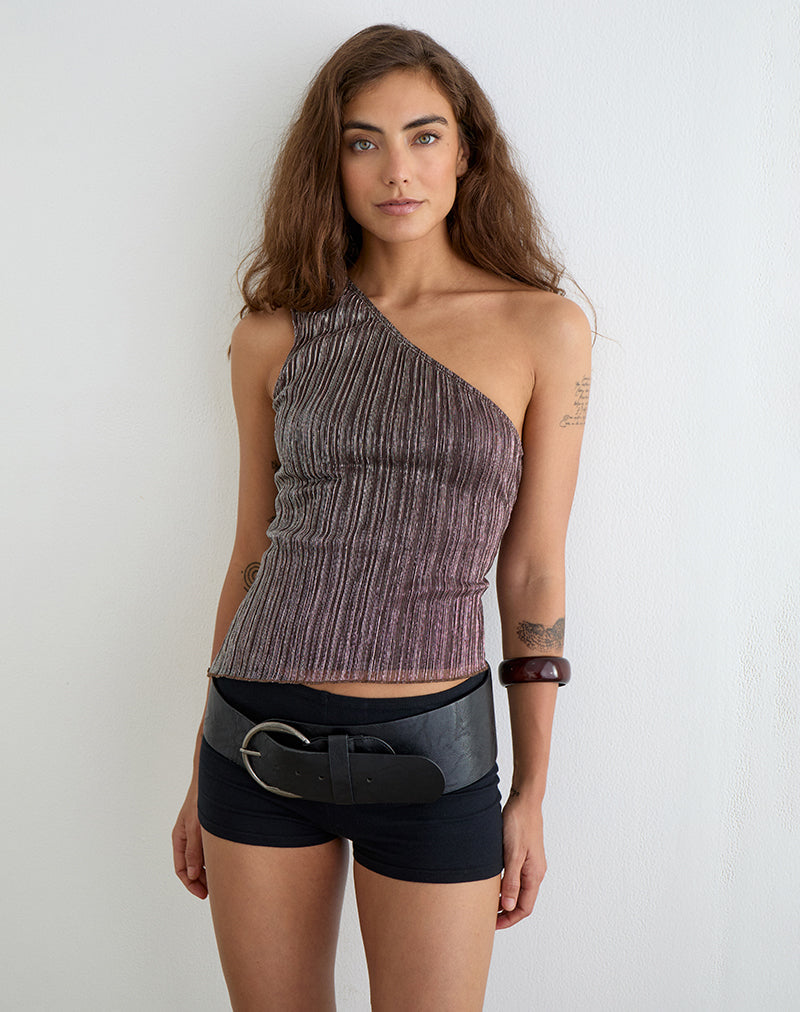 Image of Dirsa One Shoulder Asymmetric Top in Plisse Brown