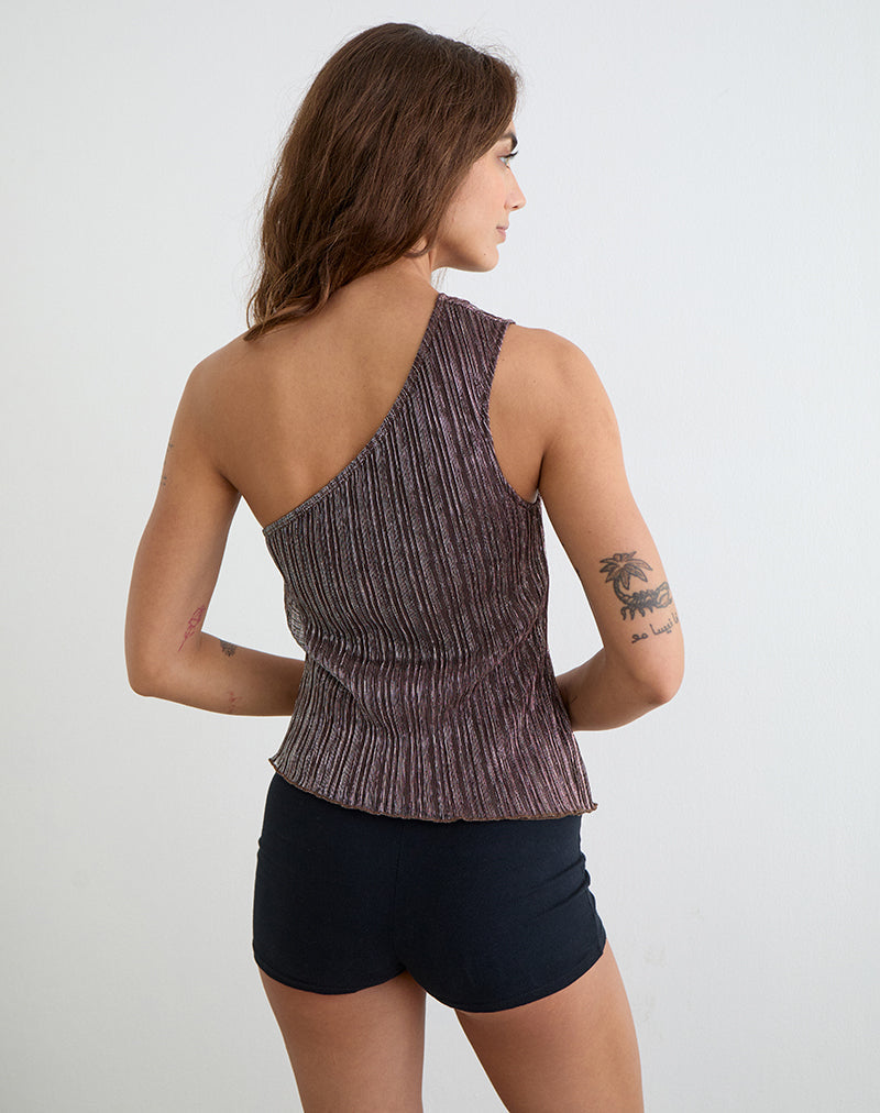 Image of Dirsa One Shoulder Asymmetric Top in Plisse Brown