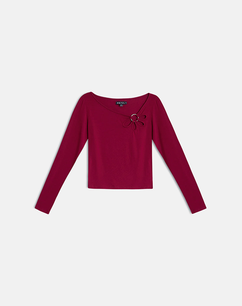 Image of Donela Long Sleeve Top with Flower Ring in Burgundy
