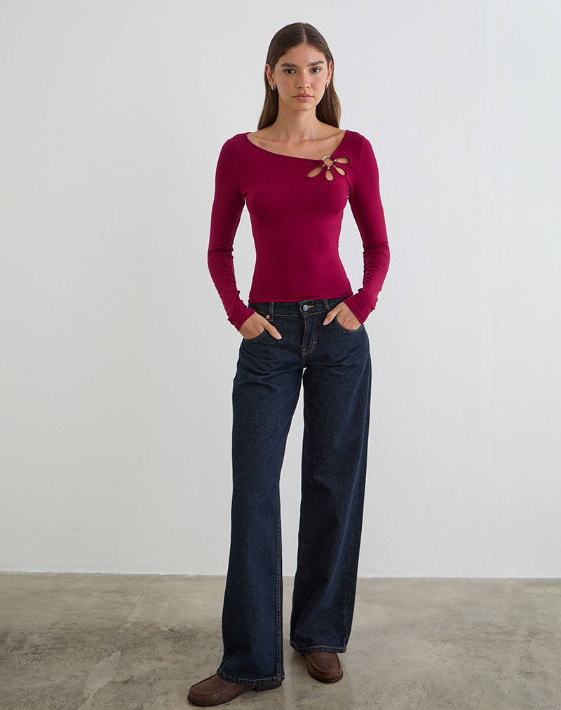 Image of Donela Long Sleeve Top with Flower Ring in Burgundy