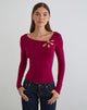 Image of Donela Long Sleeve Top with Flower Ring in Burgundy