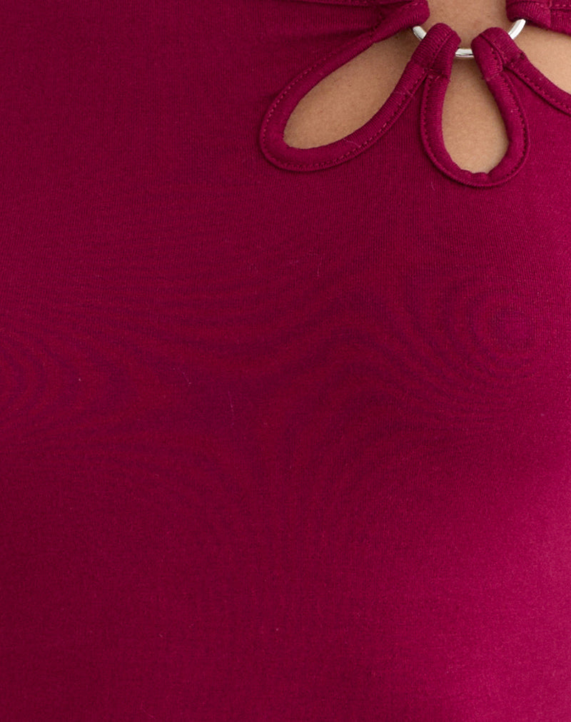 Image of Donela Long Sleeve Top with Flower Ring in Burgundy
