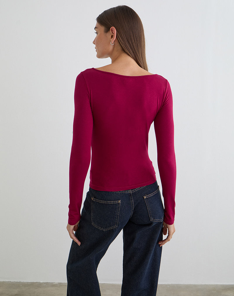 Image of Donela Long Sleeve Top with Flower Ring in Burgundy