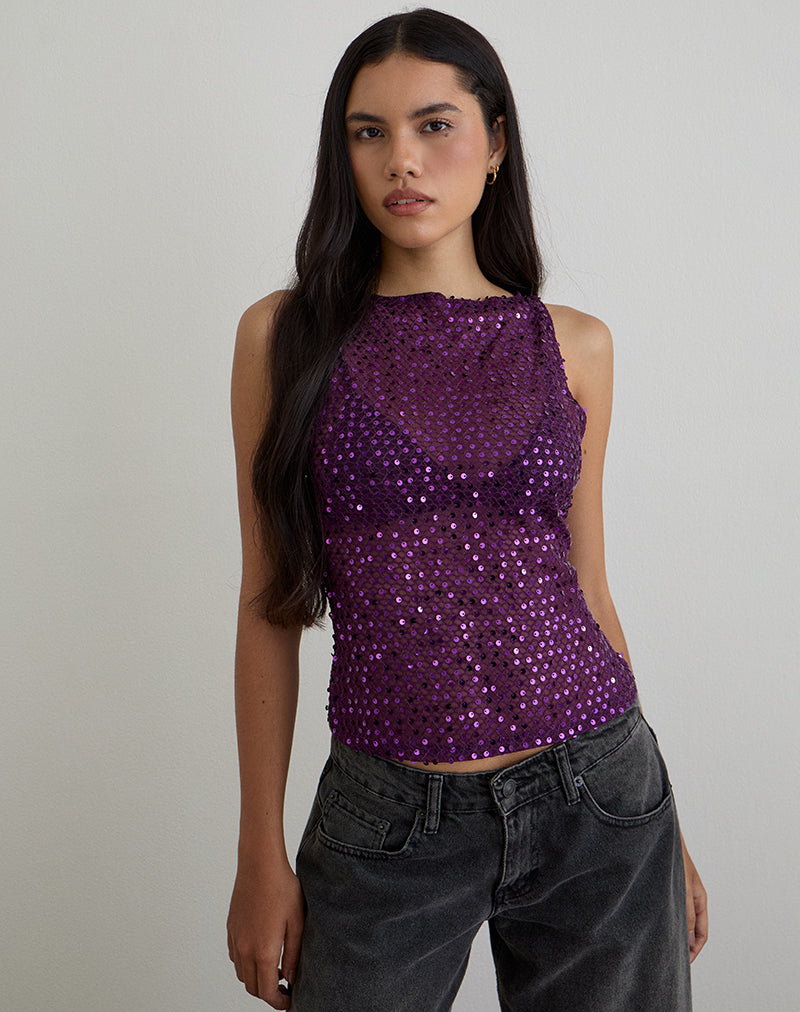 Image of Dudley Vest Top in Sequin Knit Plum Wine