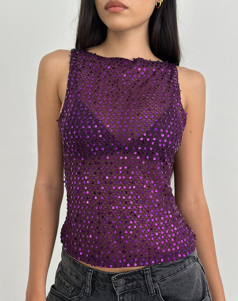 Image of Dudley Vest Top in Sequin Knit Plum Wine