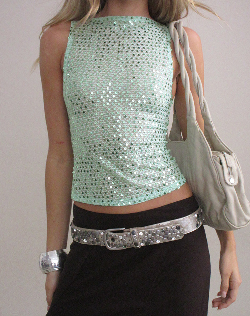 Image of Dudley Vest Top in Sequin Knit Aqua Blue