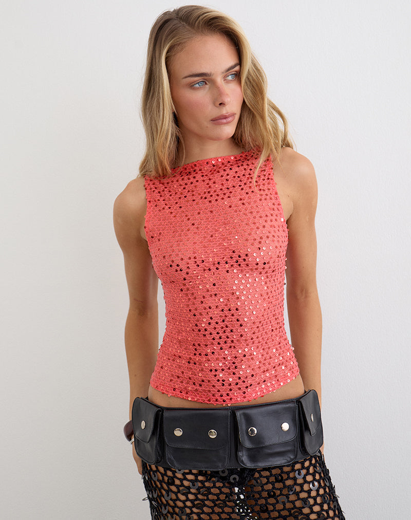 Image of Dudley Vest Top in Sequin Knit Coral