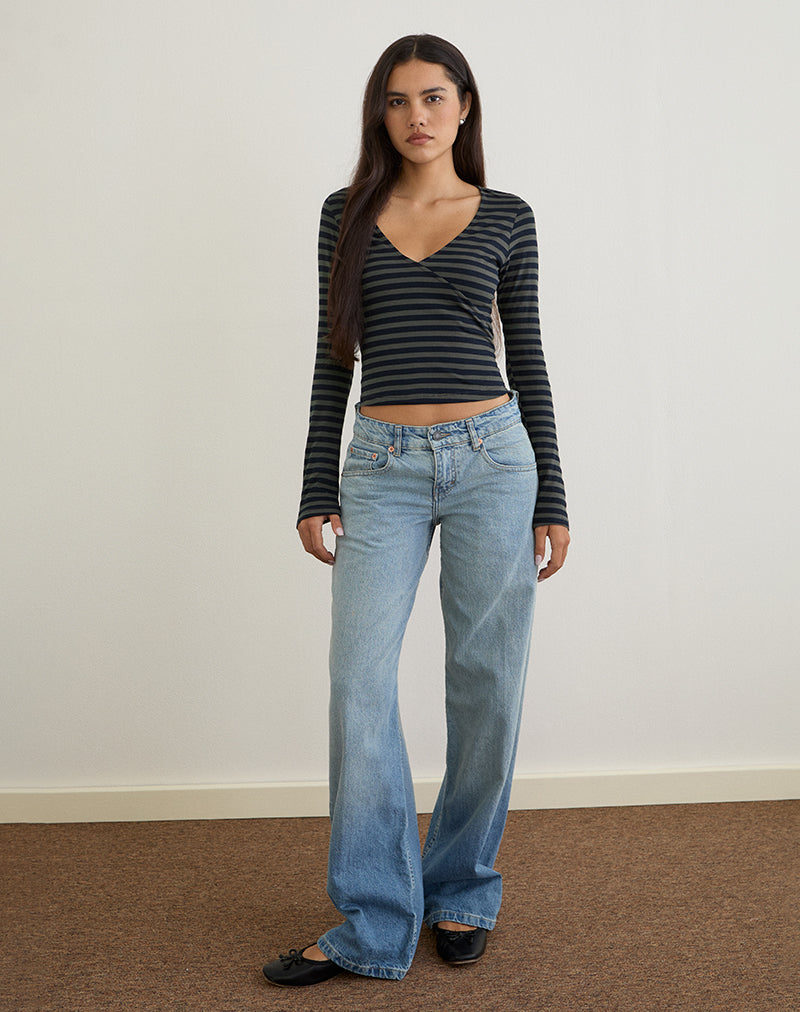 Image of Dulcet Ribbed Plunge Top in Classic Striped Navy and Grey
