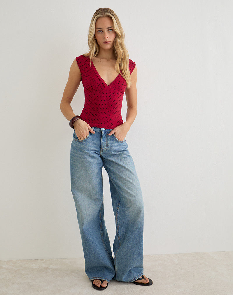 Image of Emberly Plunge Top in Red with Micro Polka Black