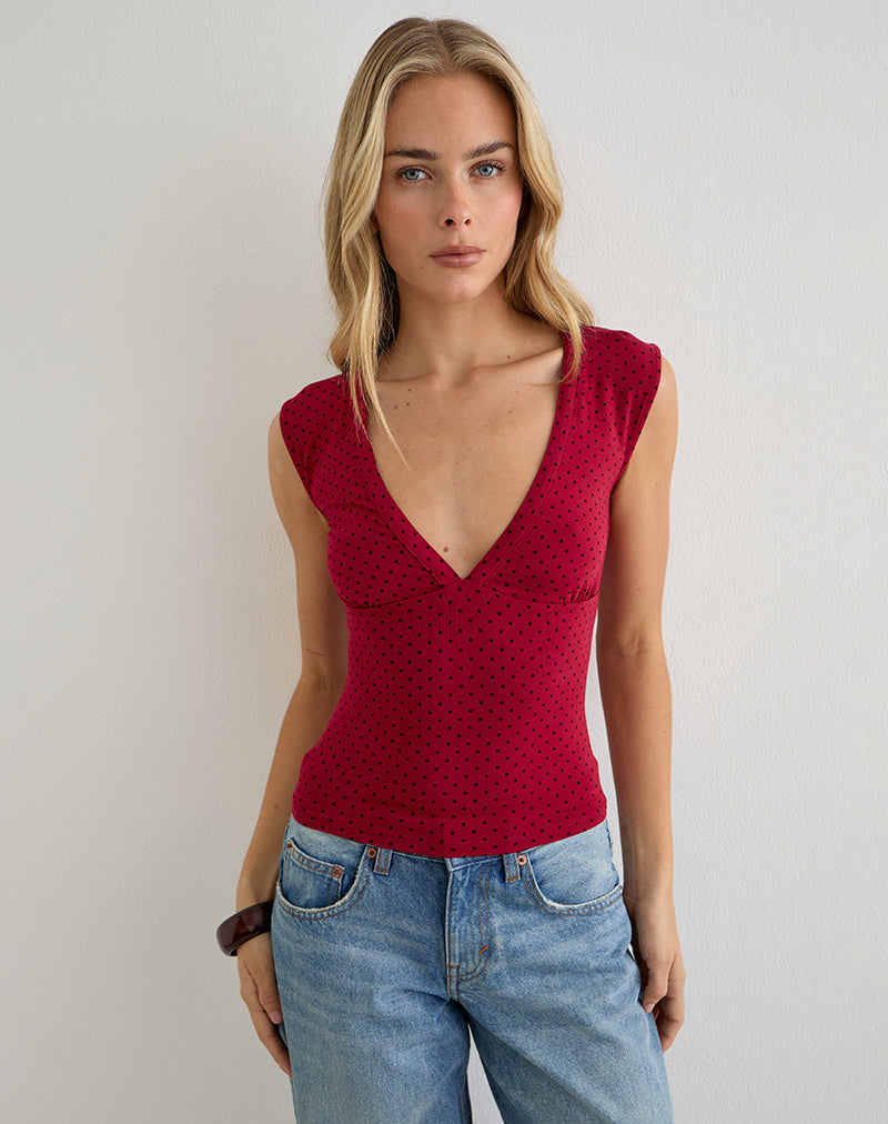 Image of Emberly Plunge Top in Red with Micro Polka Black