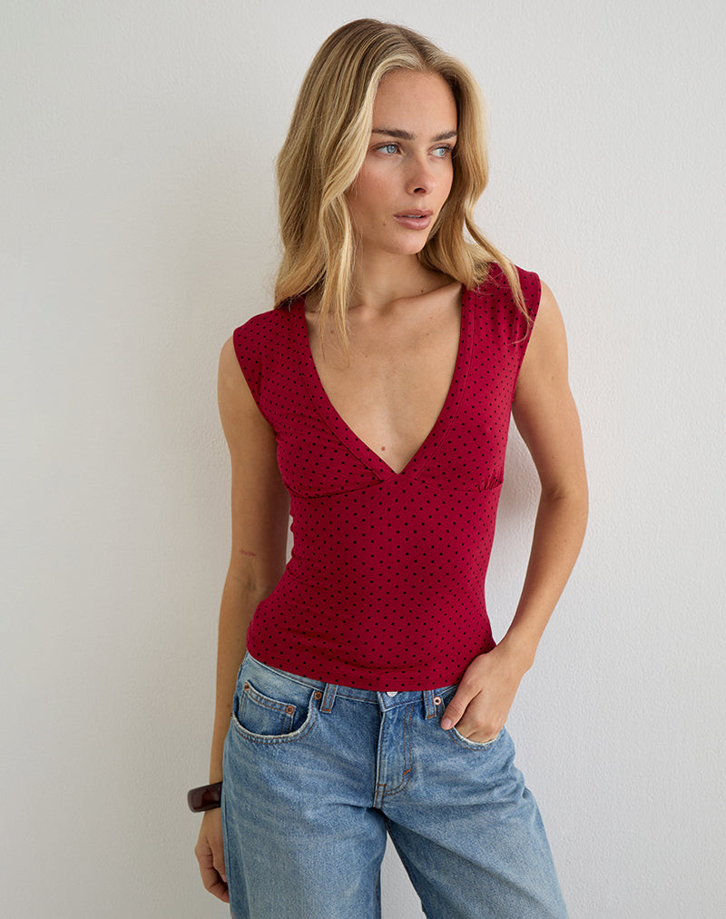 Image of Emberly Plunge Top in Red with Micro Polka Black