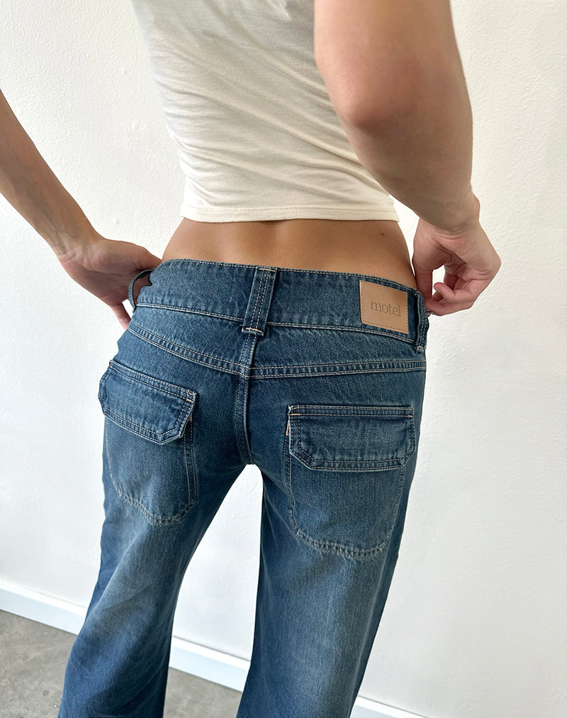 Image of Low Rise Relaxed Cargo Jeans in Mid Blue Tint