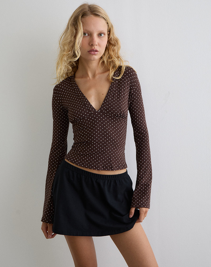 Image of Emesy Long Sleeve Top in Micro Polka Brown