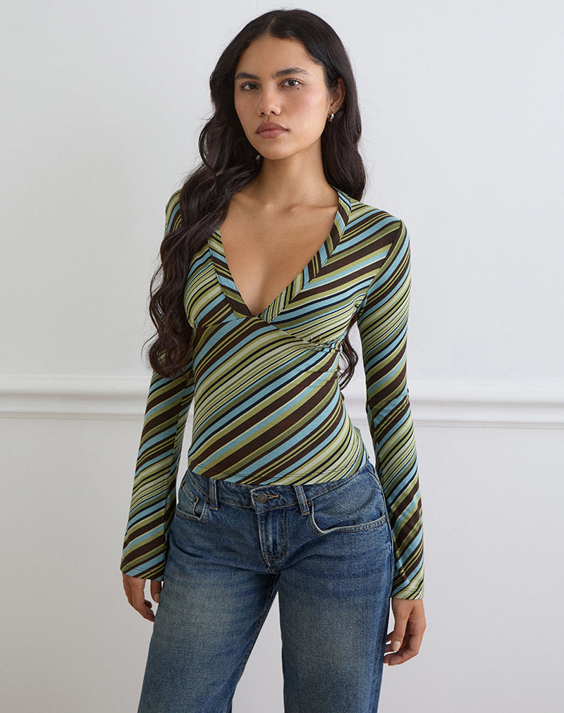Image of Emesy Long Sleeve Top in Mixed Stripe Green