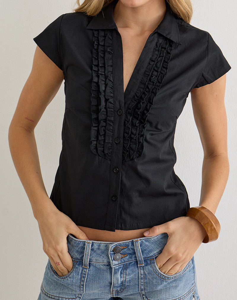 Image of Estu Blouse with Centre Front Frill in Poplin Black