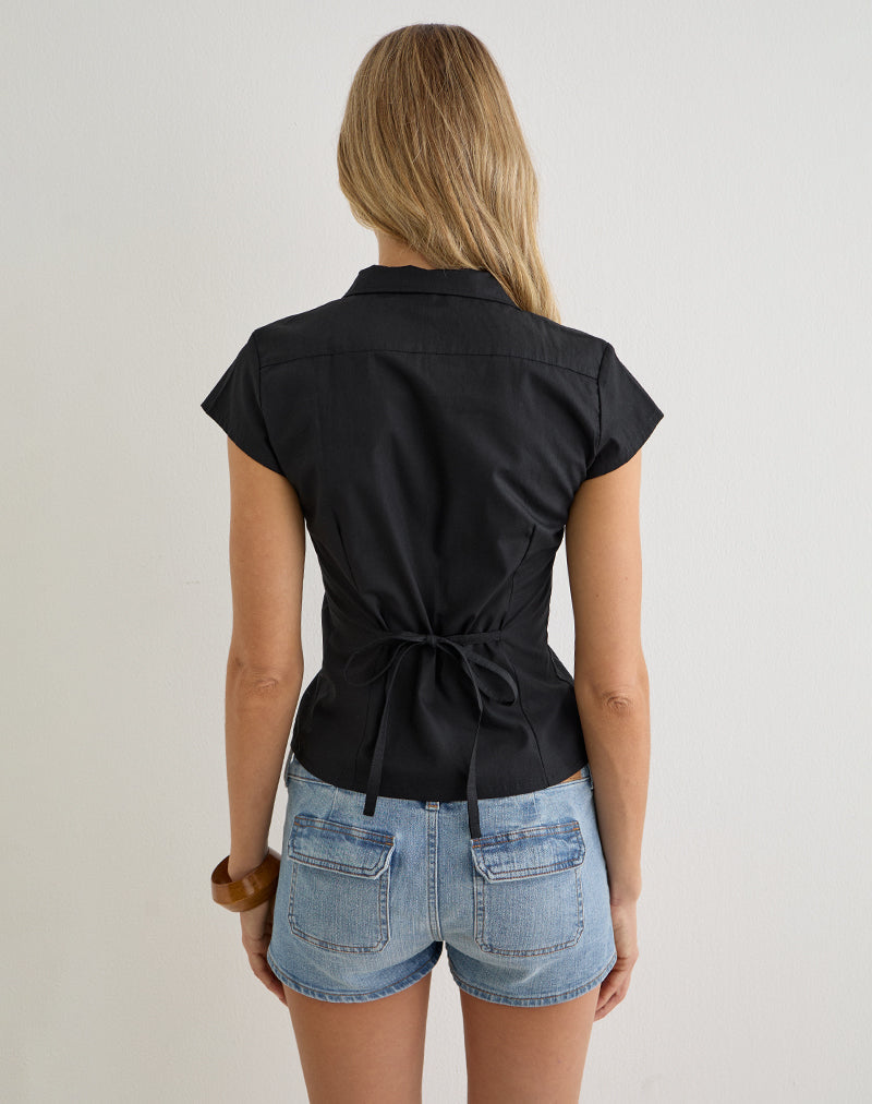 Image of Estu Blouse with Centre Front Frill in Poplin Black