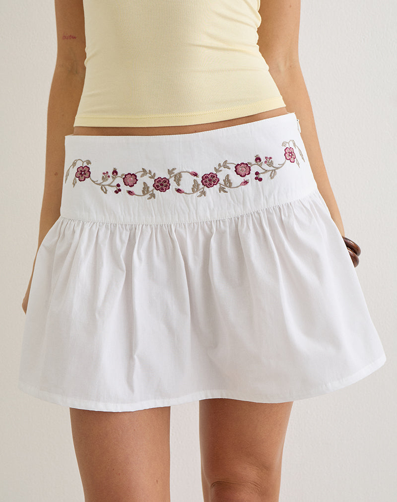 Image of Becita Mini Skirt in Poplin White with Cherry Blossom Embroidery