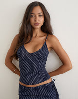 Image of Fara Top with Beads in Jersey Navy with Micro Polka Print