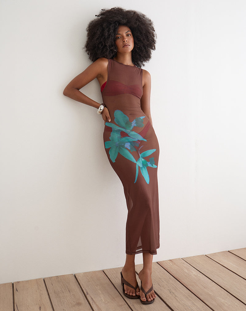 Image of Fay Midi Dress in Brown with Blue Desert Rose