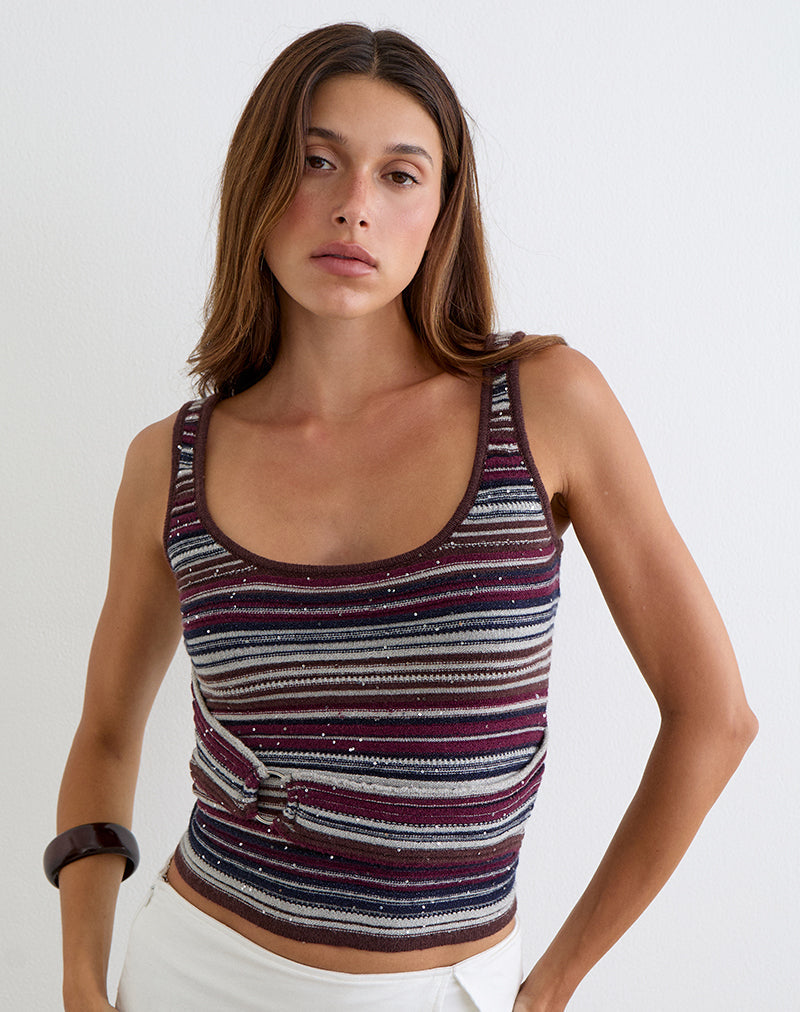 Image of Feraya Top in Horizontal Stripe Maroon Navy Shimmer