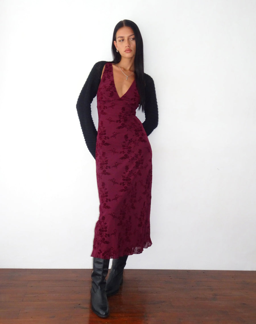 Image of Gabriela Midi Dress in Botanical Flower Maroon