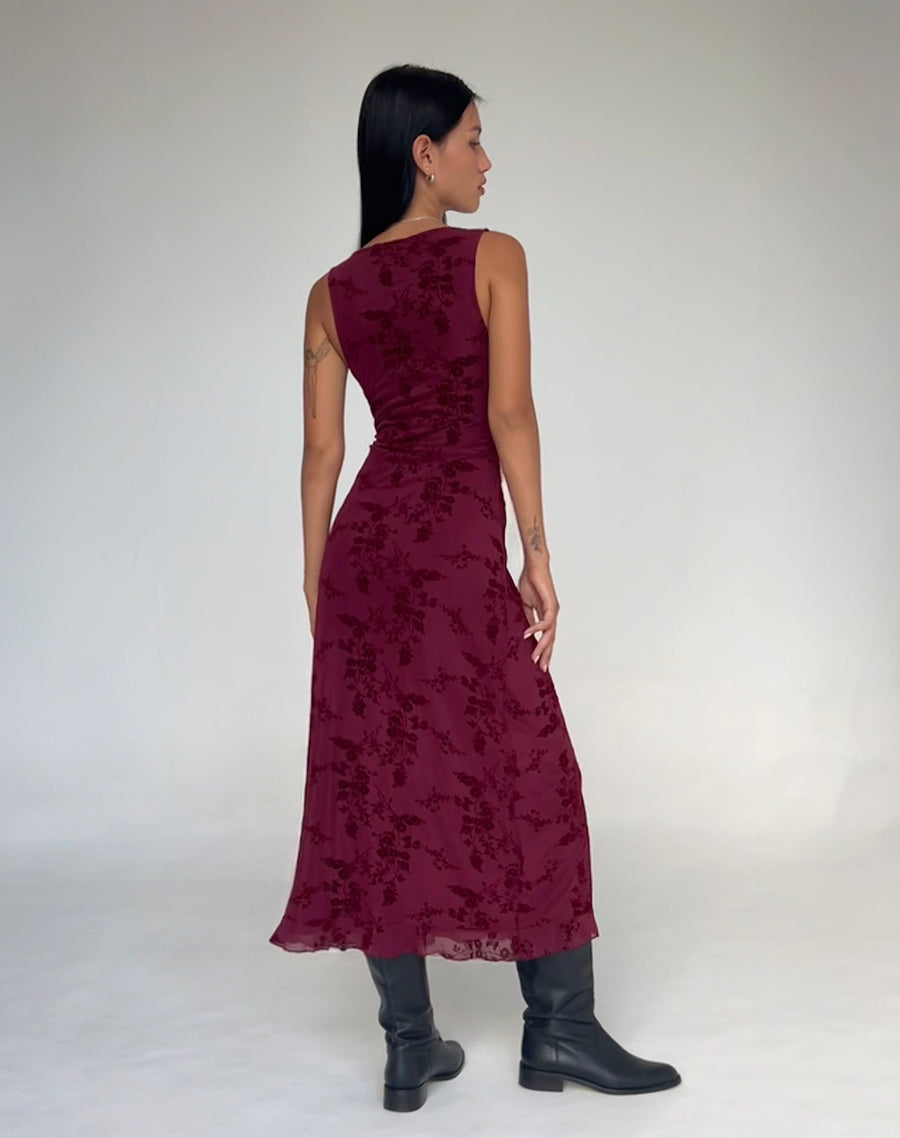 Image of Gabriela Midi Dress in Botanical Flower Maroon