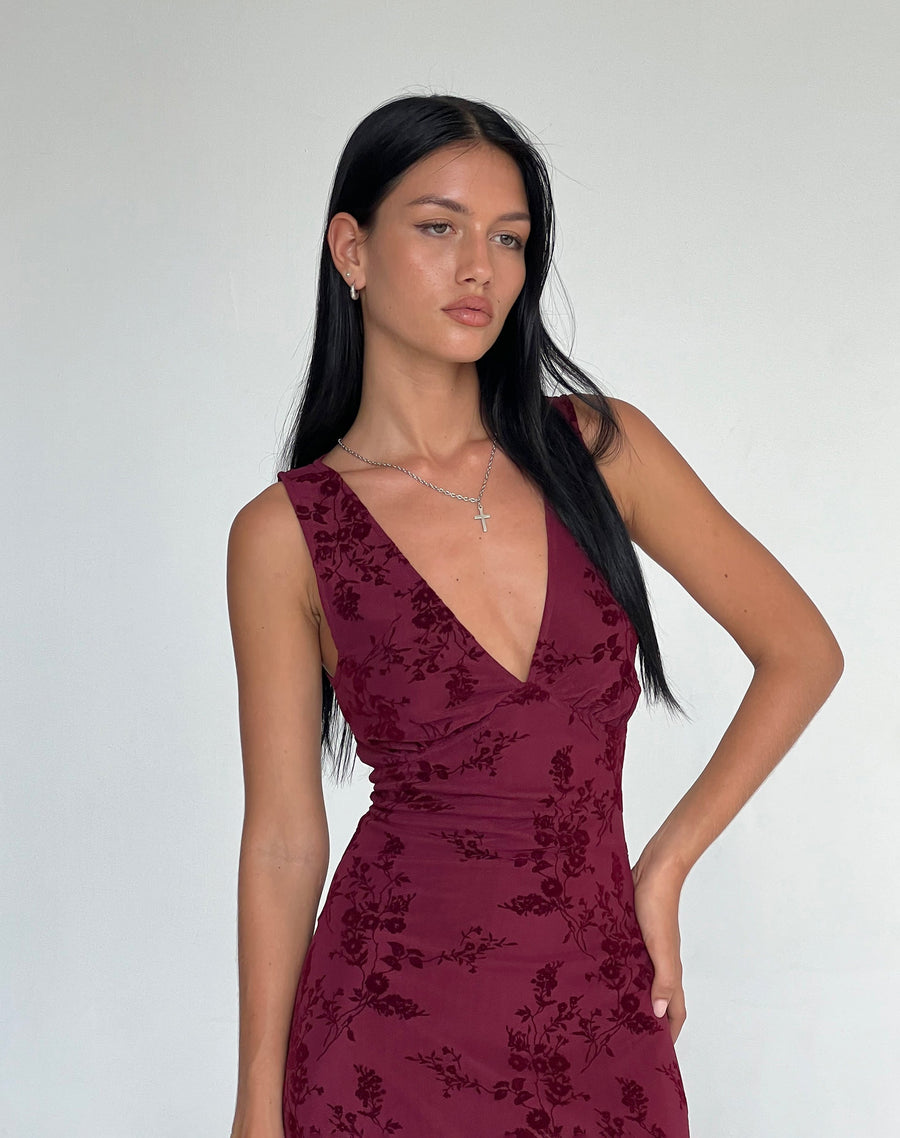 Image of Gabriela Midi Dress in Botanical Flower Maroon