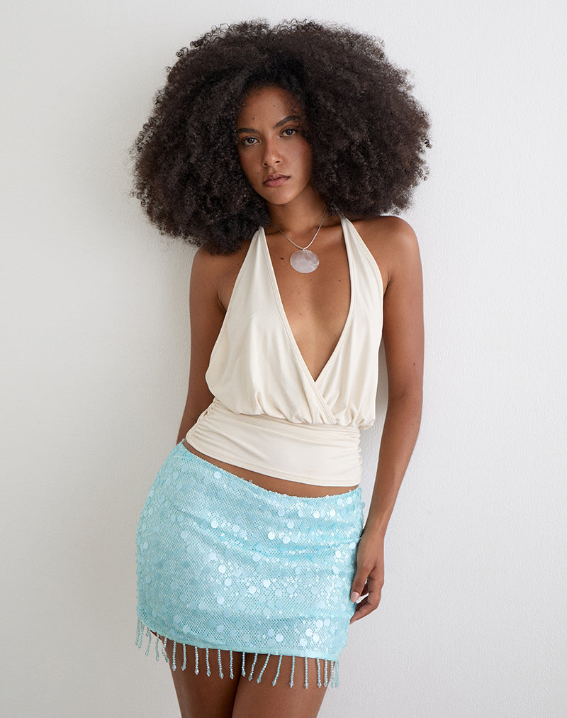 Image of Gasenda Mini Skirt in Net Sequin Blue with Beaded Hem