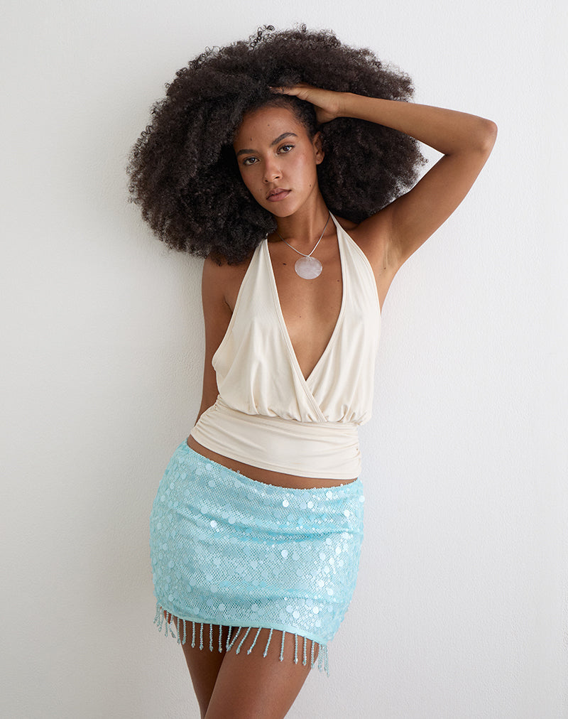 Image of Gasenda Mini Skirt in Net Sequin Blue with Beaded Hem