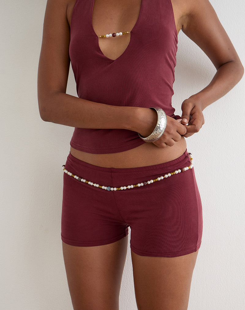 Image of Nissa Short with Pearl Trim in Cupro Burgundy