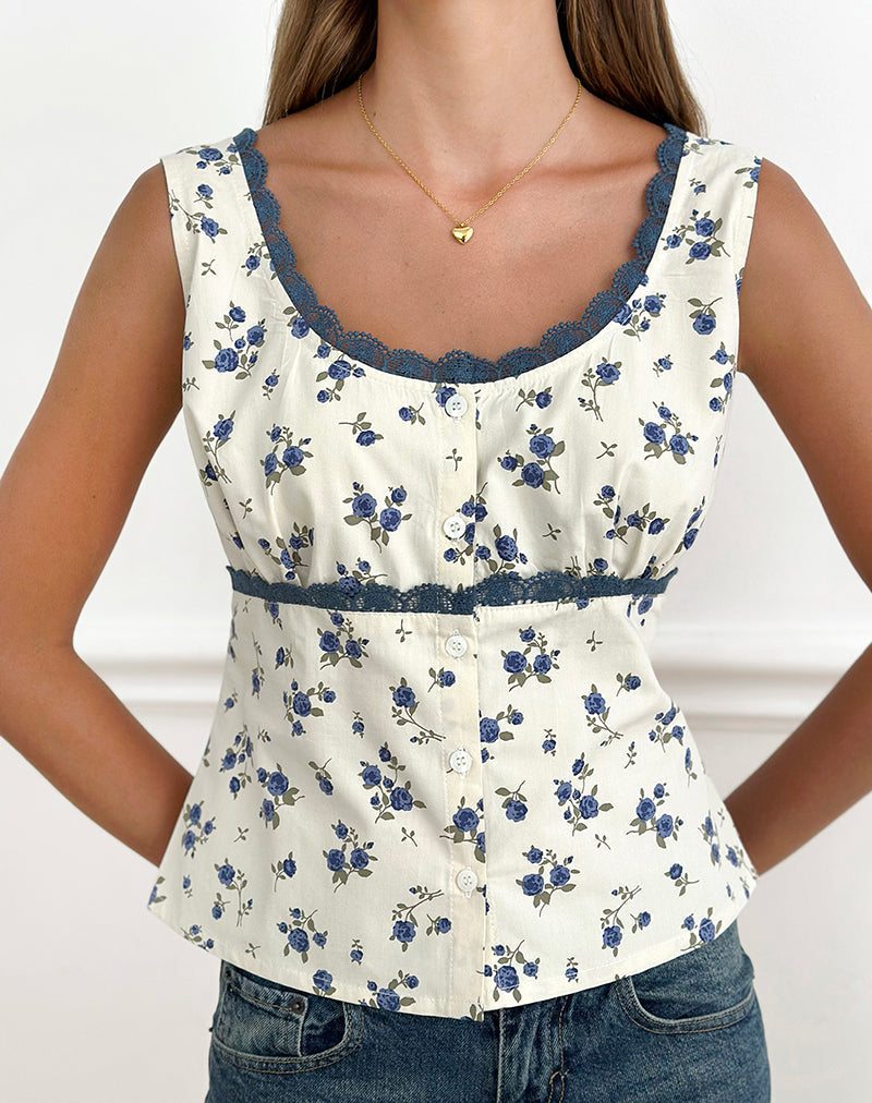 Image of Gronini Top in Ditsy Leaf Rose Navy
