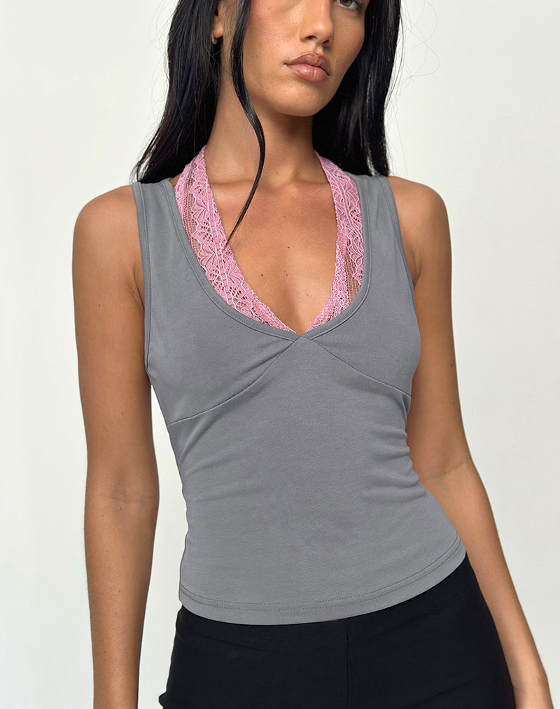 Image of Helma Halterneck Top in Grey with Pink Lace